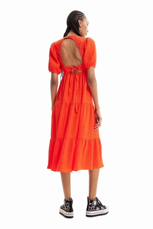 Rochie midi portocalie cu mâneci bufante