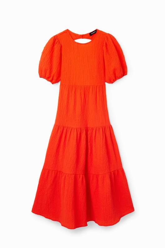 Rochie midi portocalie cu mâneci bufante