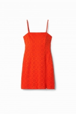 Rochie mini portocalie mulată cu broderie