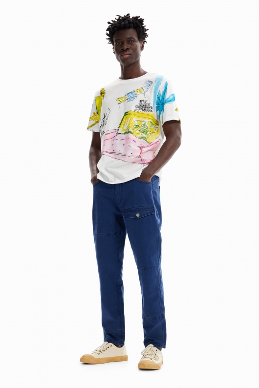 Pantaloni denim albastru închis cu croială relaxată