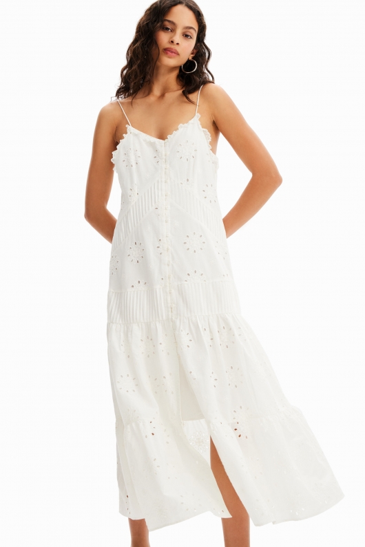 Rochie albă midi cu broderie elvețiană