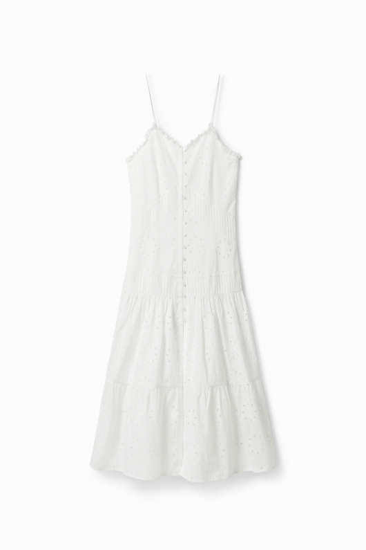 Rochie albă midi cu broderie elvețiană