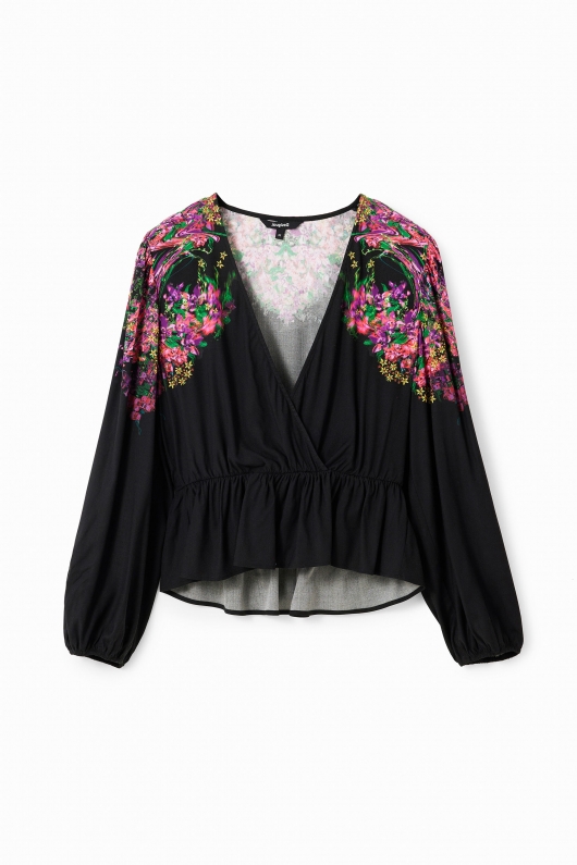 Bluză neagră petrecută cu print floral