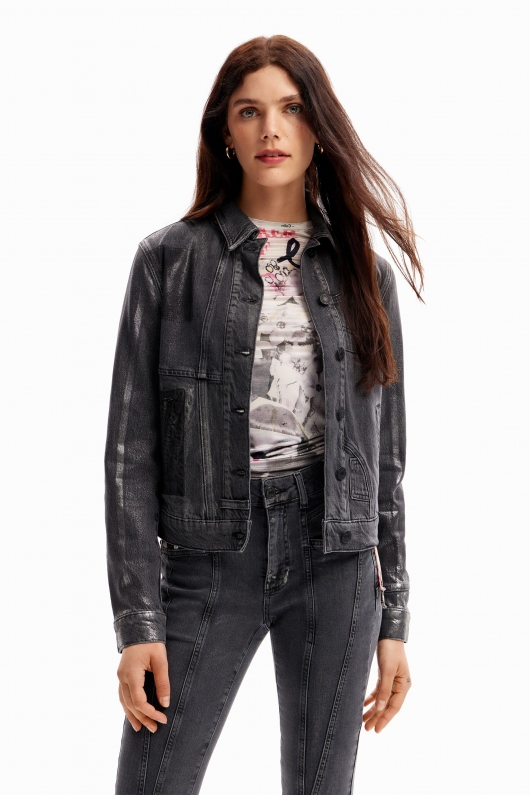 Jachetă denim cu efect metalic patchwork
