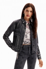 Jachetă denim cu efect metalic patchwork