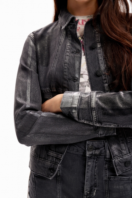 Jachetă denim cu efect metalic patchwork