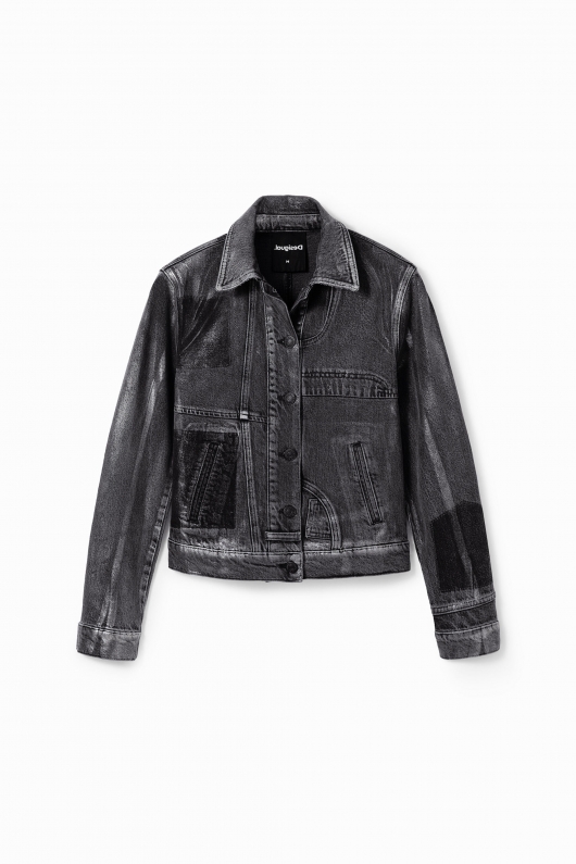 Jachetă denim cu efect metalic patchwork