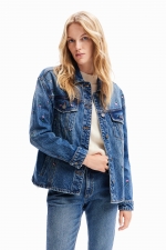 Jachetă denim albastră cu flori și paiete