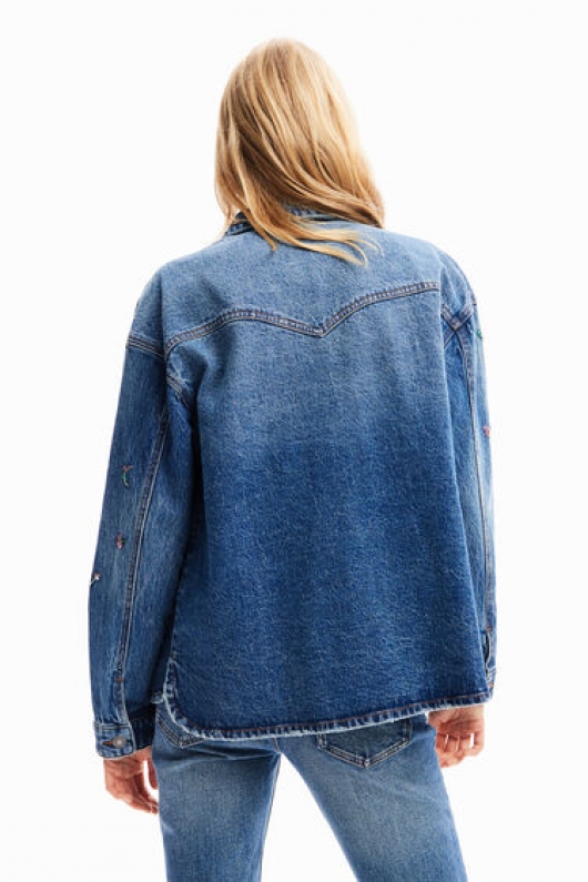 Jachetă denim albastră cu flori și paiete