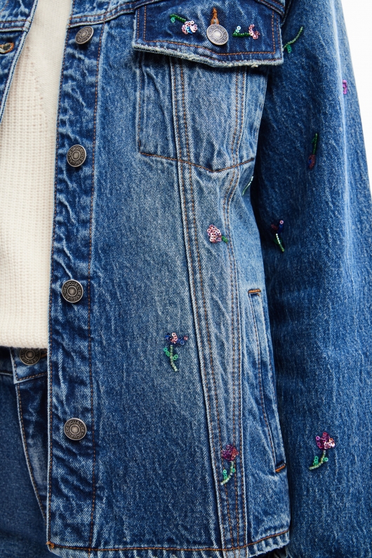 Jachetă denim albastră cu flori și paiete