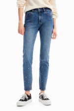 Blugi skinny albaștri cu broderii florale și paiete