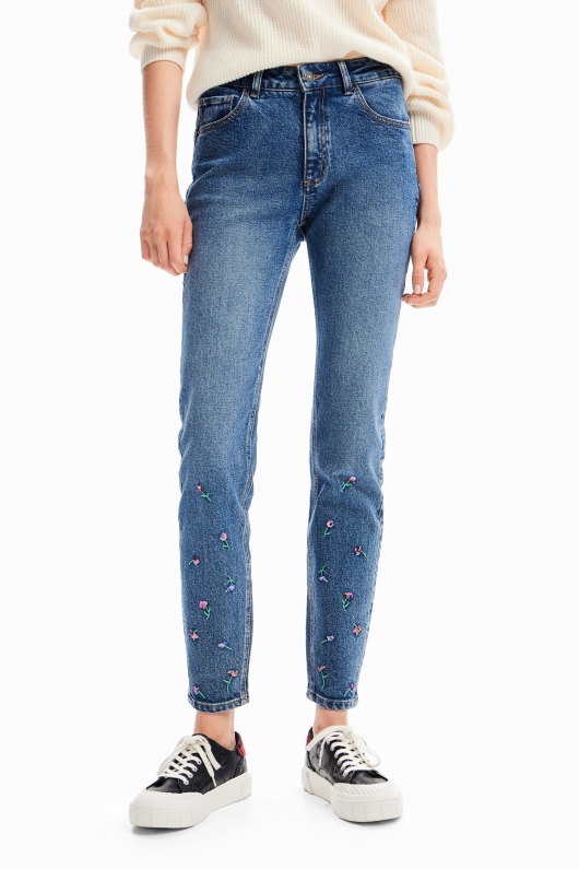 Blugi skinny albaștri cu broderii florale și paiete