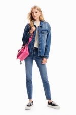 Blugi skinny albaștri cu broderii florale și paiete