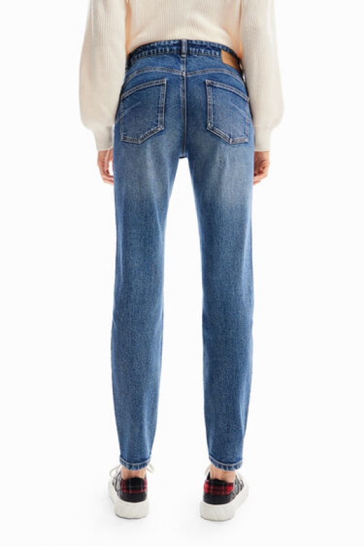 Blugi skinny albaștri cu broderii florale și paiete