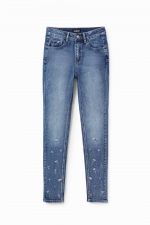Blugi skinny albaștri cu broderii florale și paiete
