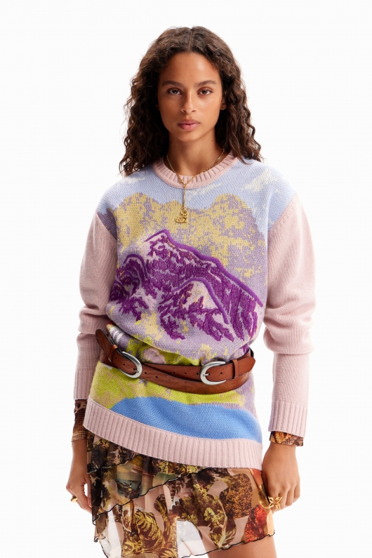 Pulover oversize multicolor cu peisaj brodat