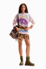 Pulover oversize multicolor cu peisaj brodat