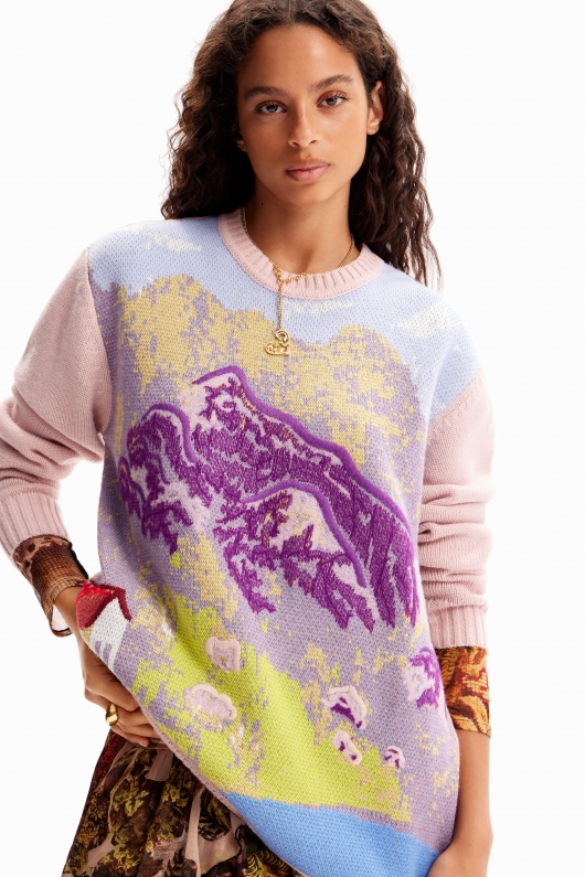 Pulover oversize multicolor cu peisaj brodat