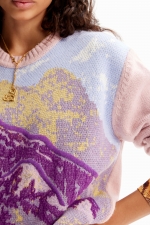 Pulover oversize multicolor cu peisaj brodat