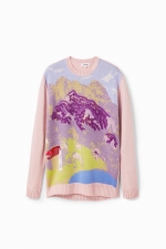 Pulover oversize multicolor cu peisaj brodat