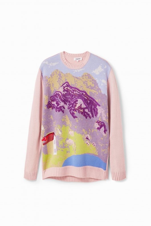 Pulover oversize multicolor cu peisaj brodat