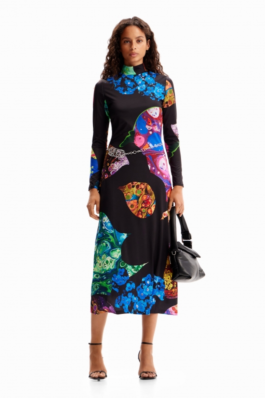 Rochie midi mulată cu imprimeu marmorate multicolor