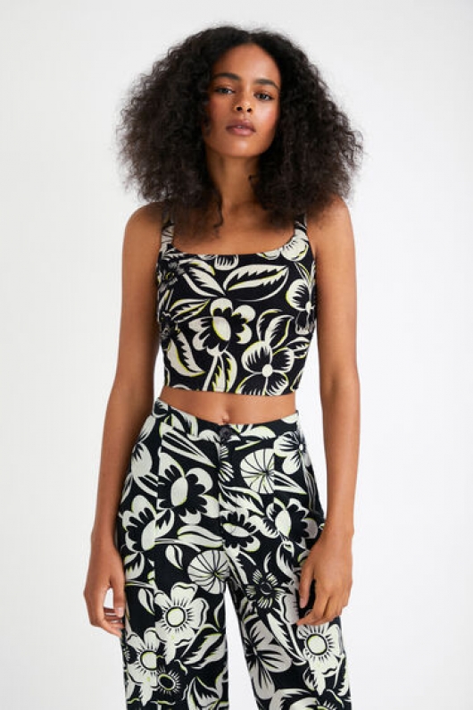 Top crop alb-negru cu imprimeu floral și nod