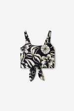 Top crop alb-negru cu imprimeu floral și nod