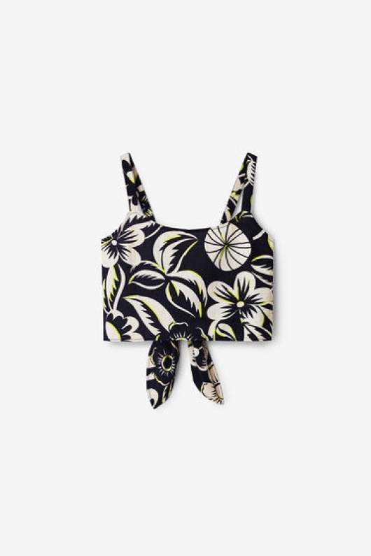Top crop alb-negru cu imprimeu floral și nod