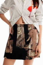 Fustă mini jacquard multicolor cu imprimeu ziar