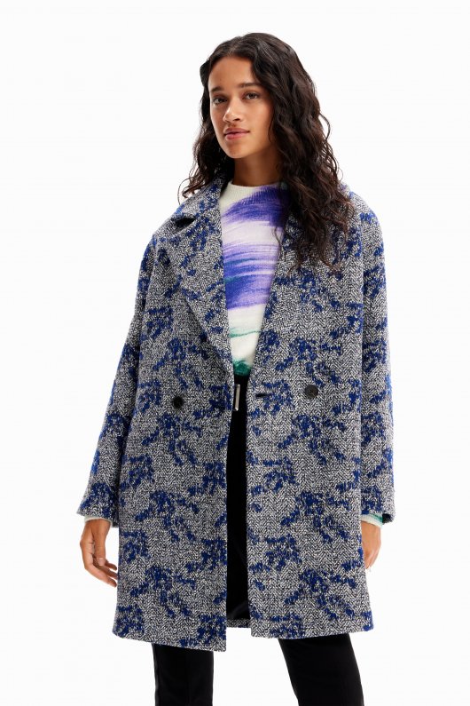 Palton lung jacquard cu model herringbone