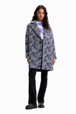 Palton lung jacquard cu model herringbone