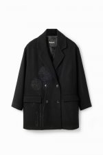 Palton scurt negru cu broderie florală oversize