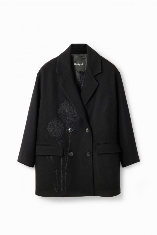 Palton scurt negru cu broderie florală oversize