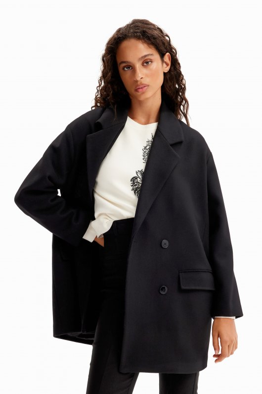 Palton scurt negru cu broderie florală oversize