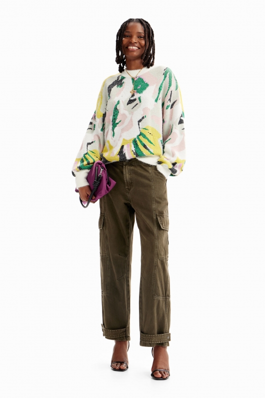 Pulover oversize cu imprimeu floral abstract