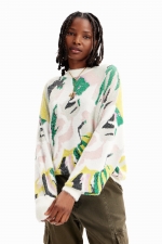 Pulover oversize cu imprimeu floral abstract