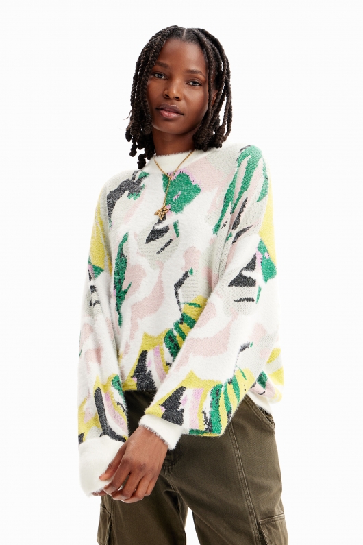 Pulover oversize cu imprimeu floral abstract