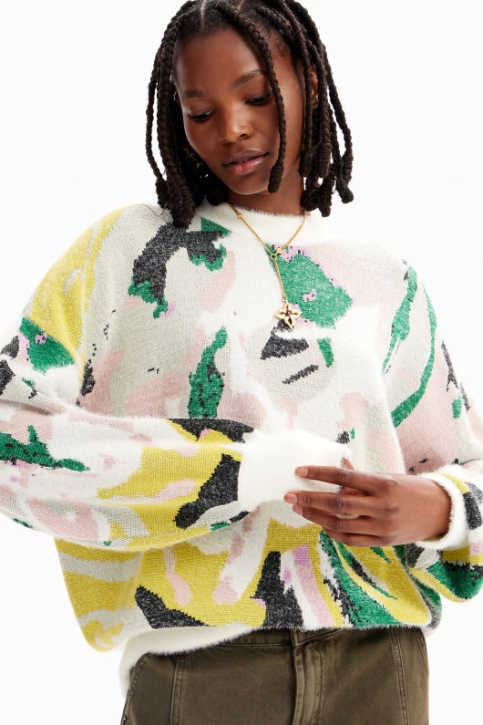 Pulover oversize cu imprimeu floral abstract
