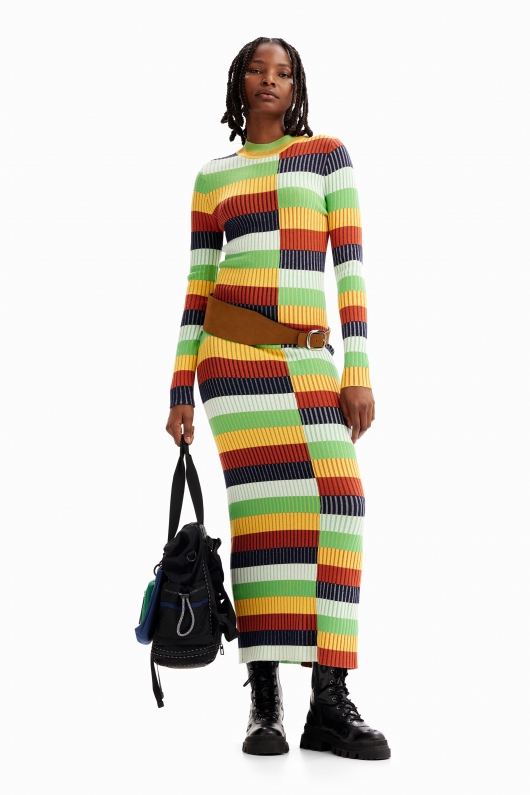 Rochie midi mulată cu dungi multicolore