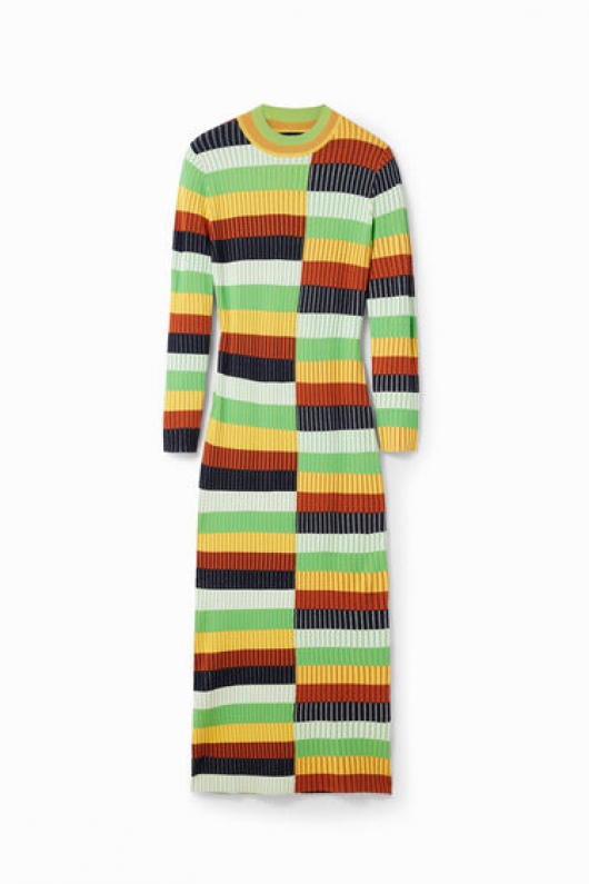 Rochie midi mulată cu dungi multicolore