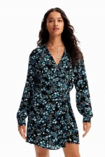 Rochie scurtă neagră cu print floral și cordon