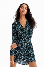 Rochie scurtă neagră cu print floral și cordon