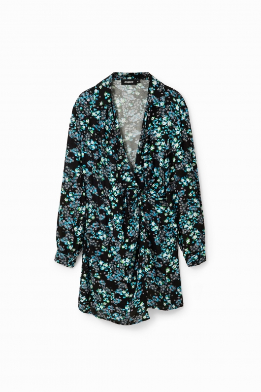Rochie scurtă neagră cu print floral și cordon
