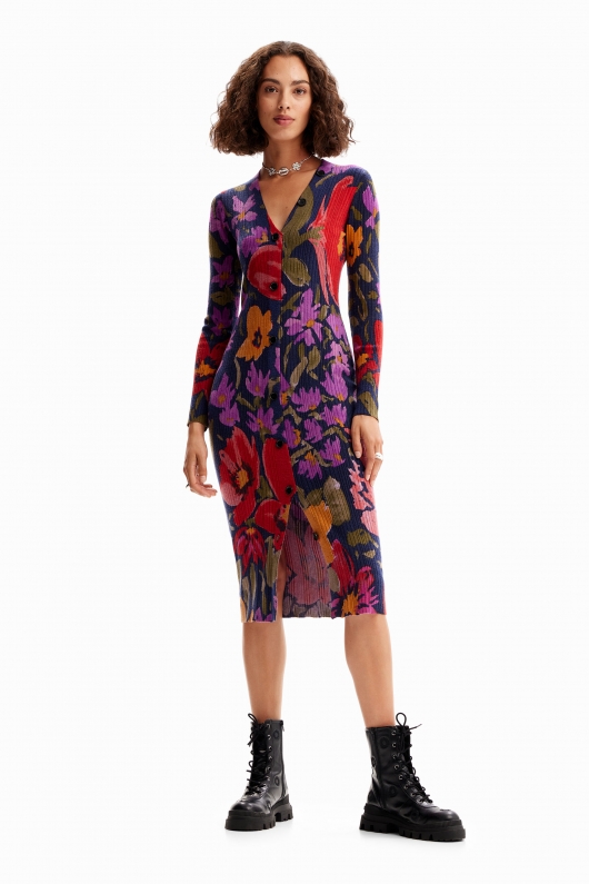 Rochie midi tricotată mulată cu imprimeu floral