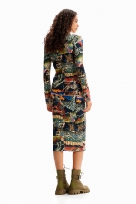 Rochie tricotată multicoloră cu imprimeu tapiserie