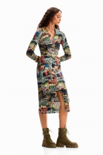 Rochie tricotată multicoloră cu imprimeu tapiserie