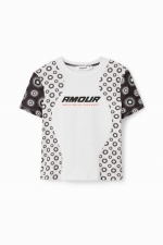 Tricou alb scurt cu imprimeu geometric