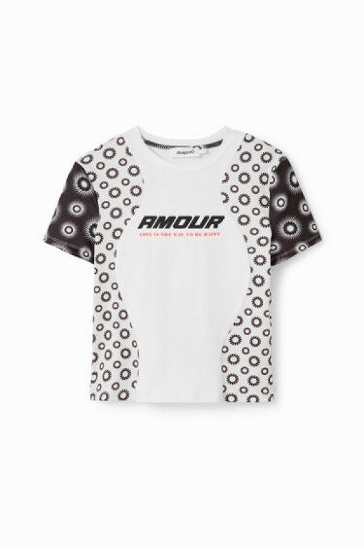 Tricou alb scurt cu imprimeu geometric