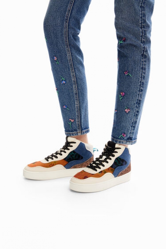 Sneakers mid-top patchwork cu platformă
